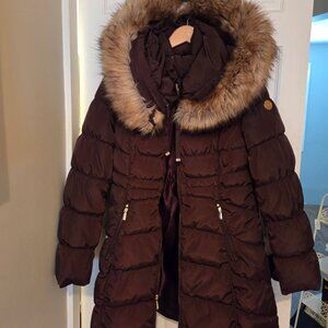 Laundry By Shelli Segal Burgundy Faux Fur Hood Parka
